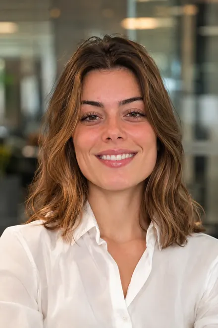 Exemple : la même jeune femme en photo LinkedIn : chemise blanche, fond de bureau flou