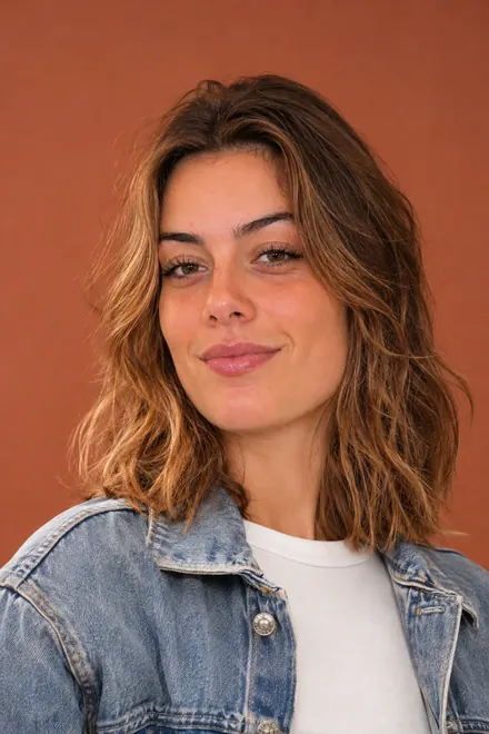 Exemple : la même jeune femme en photo créative : veste en jean, fond terracotta